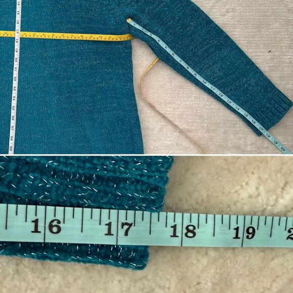 Y2K Susan Graver Sz 1X Teal Turtleneck Sweater with Silver Metallic Knit Yarn - Picture 6 of 8